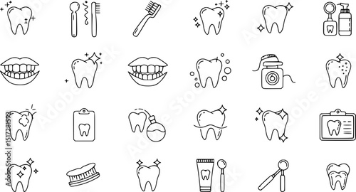 Tooth line icon set. Dental clinic logo. Clean teeth. Vector EPS
