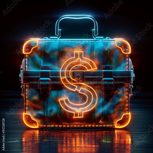 Futuristic Neon Briefcase with Dollar Sign – Blue and Orange Glow

