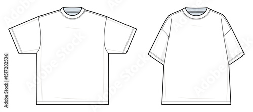 Wide-Fit Oversized T-Shirt Technical Fashion Illustration. Loose-Fit Crewneck Tee Vector Template. Casual Streetwear Style. Front View. CAD Mockup set.