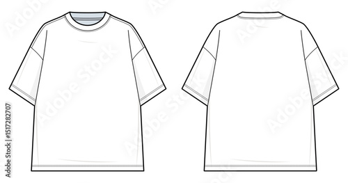Dropped Shoulder Oversized T-Shirt Technical Fashion Illustration. Crewneck Tee Vector Template. Relaxed silhouette. Streetwear. Front and Back View. Unisex. CAD Mockup set.