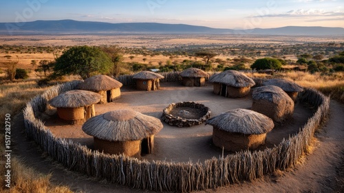 Traditional Maasai village with circular mud huts, rounded earthen walls and thatched straw roofs