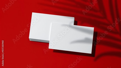Stack of business cards on a red surface with leaf shadow