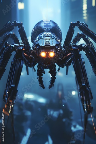 3D rendering of spider robot in futuristic space. Futuristic technology concept