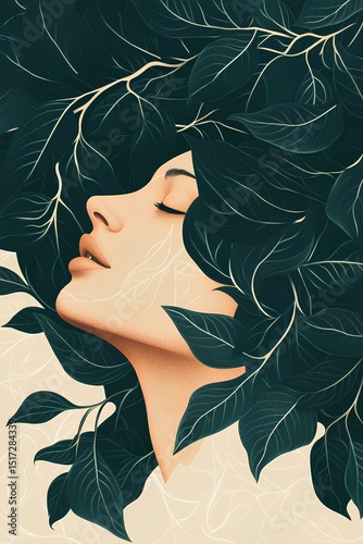 Beautiful woman face with leaves. illustration in vintage style.