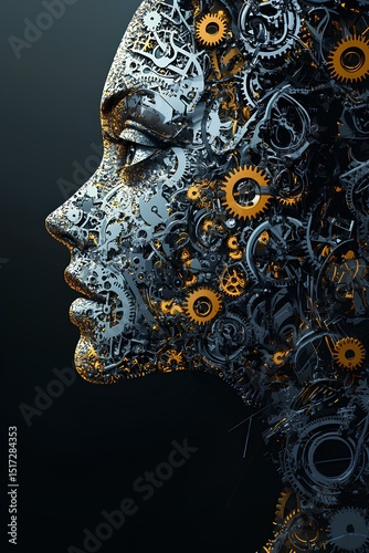 Cyborg head with gears and cogwheels. 3d illustration