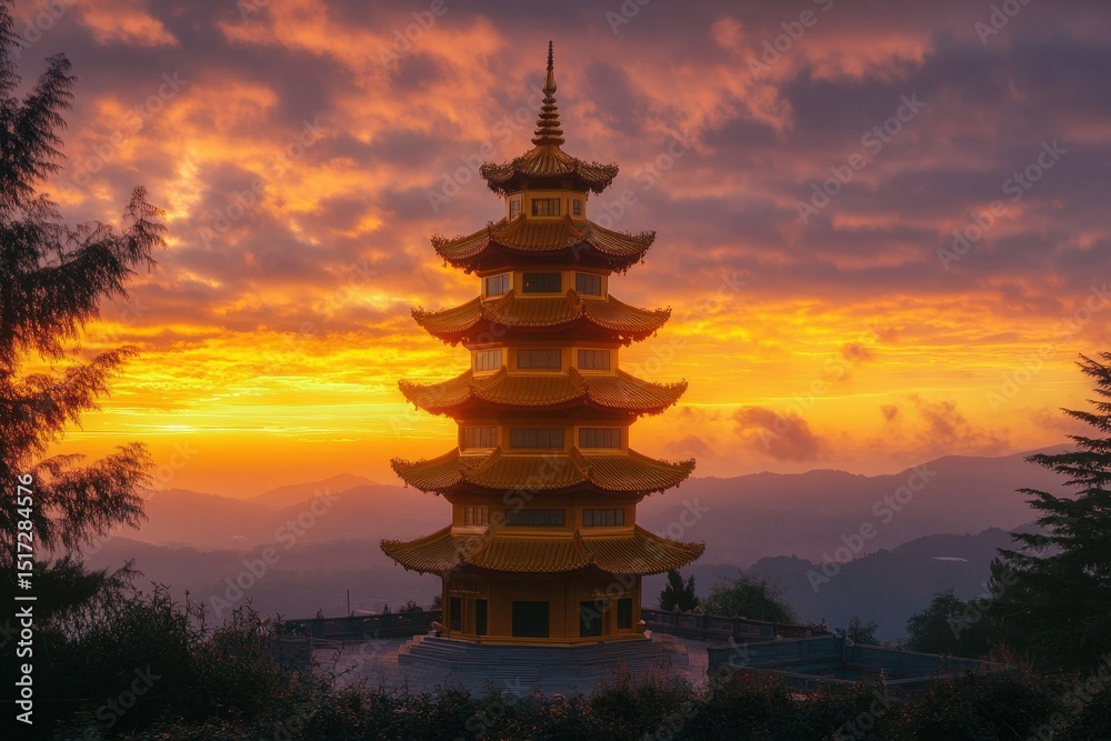 Obraz premium Golden Pagoda stands majestically against a vibrant sunset in serene mountains, Golden Pagoda