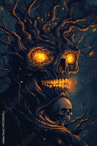 Scary Halloween background with scary dark tree and human skull embedded in its trunk