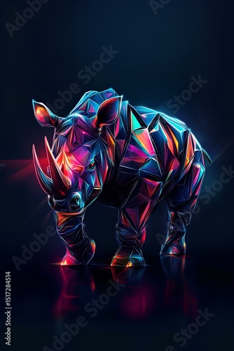 3D rendering of rhino with geometric shapes on dark background
