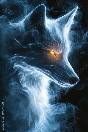 White fox in a blue cloud of smoke on a black background