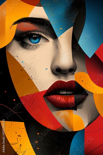 geometric abstraction of a woman's face with fragmented shapes and bold colors
