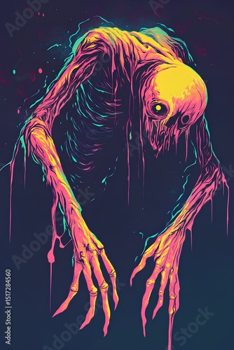 illustration of a scary monster melting in colorful neon colors on a dark background