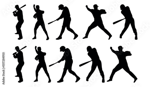 silhouette of baseball player pose, A set silhouette of baseball players