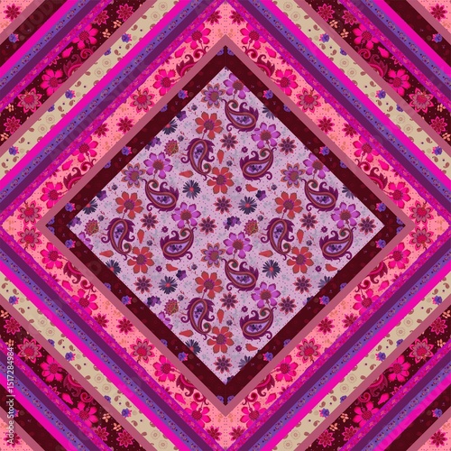 Beautiful patchwork pattern with a rhombus and stripes decorated with paisley and flowers. Seamless print for fabric in ethnic style. Gypsy, Indian motifs. Print for tablecloth, carpet, pillow, napkin