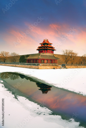 Wallpaper Mural The Forbidden City corner tower winter snow reflection. Torontodigital.ca