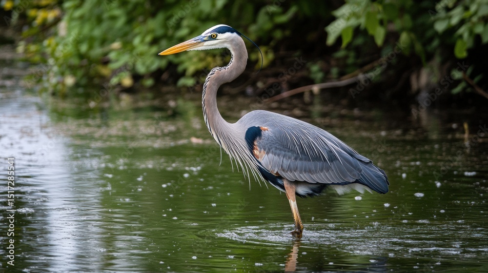 Fototapeta premium A regal heron wading in tranquil water.