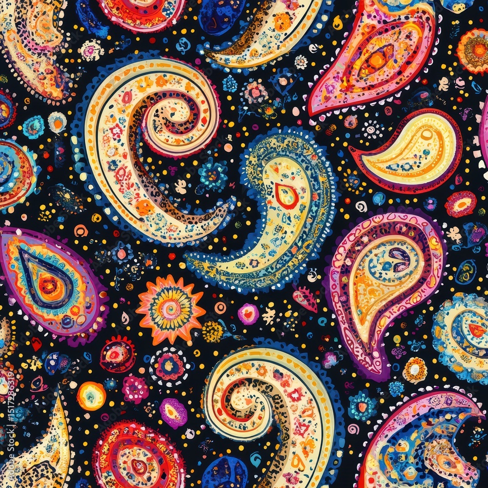 Naklejka premium Colorful Paisley Pattern with Intricate Swirls and Floral Details