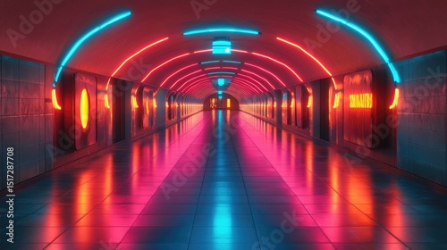 Neon tunnel walkway, futuristic, reflection