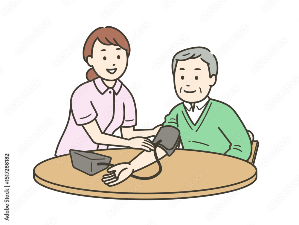 血圧計で血圧を測る手助けをする看護師と高齢男性と半身イラスト 血圧計で血圧を測る手助けをする看護師と高齢男性と半身イラスト