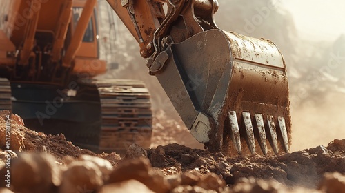 Close-up of powerful excavator digging into the earth, demonstrating construction progress and heavy industrial machinery in action
