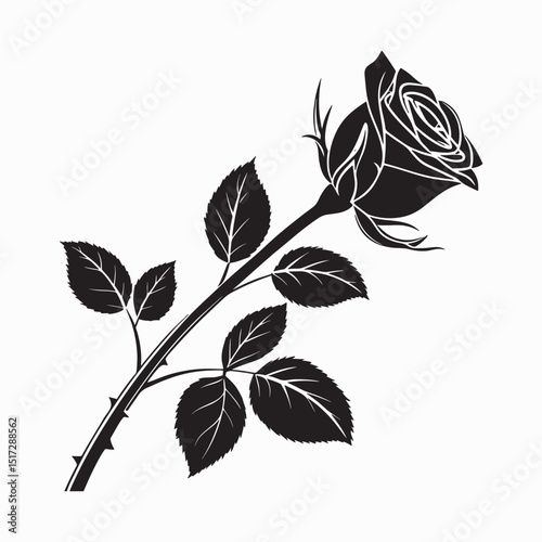 A black and white silhouette of a single rose with leaves and thorns