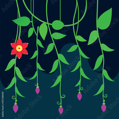 Vibrant Jungle Vines Hanging Plants, Lush Foliage, and a Single Blooming Flower
