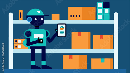 Inventory Management A robot organizing shelves in a warehouse scanning items with a handheld device with a graphical interface showing realtime inventory updates.
