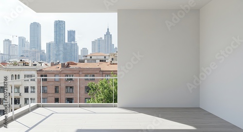 Fototapeta Naklejka Na Ścianę i Meble -  Minimalist balcony with clean empty wall mockup, modern graphic style, urban city background