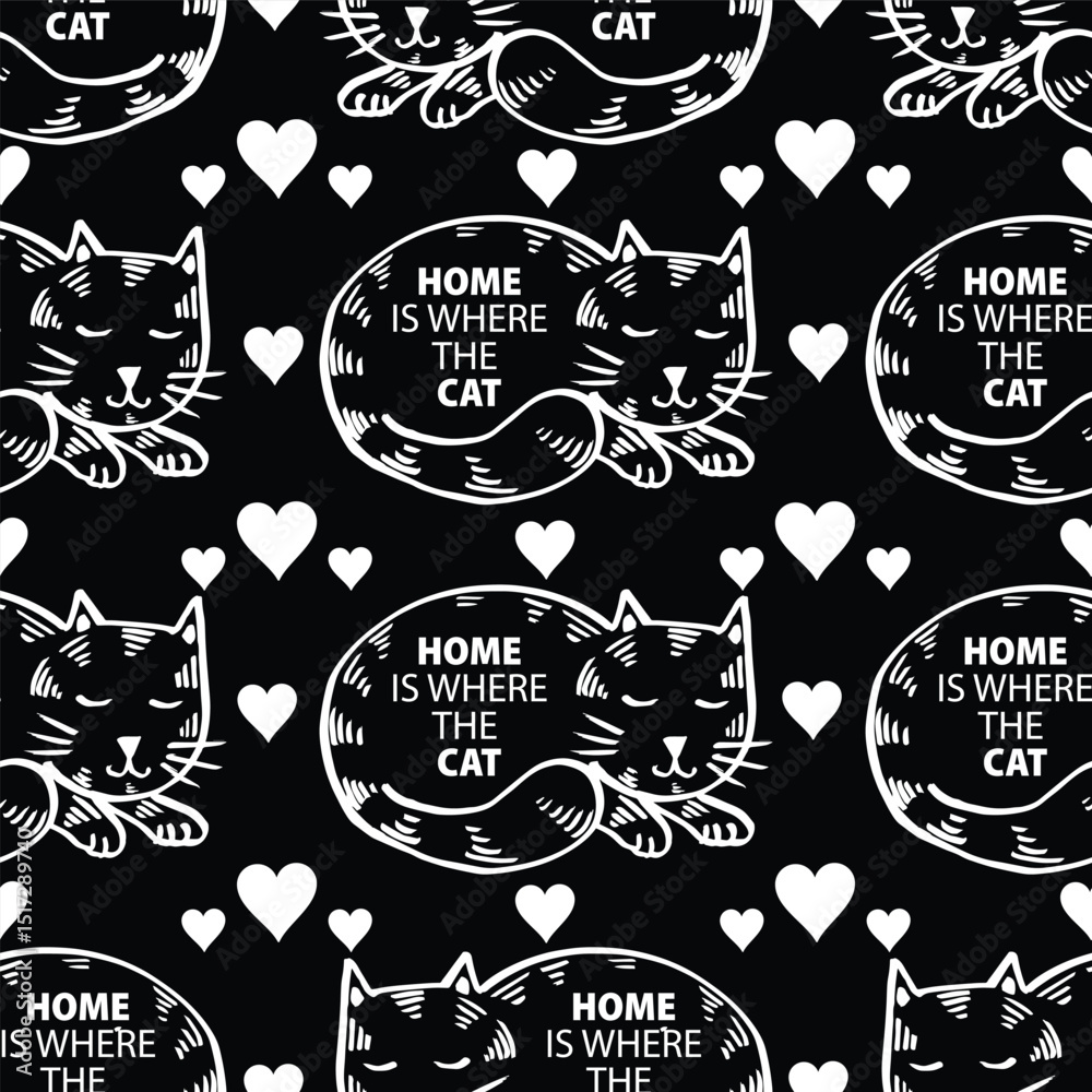Seamless pattern with home is where the cat lettering, and hearts. Black and white vector illustration.