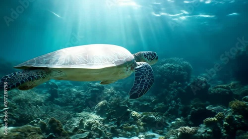 Majestic sea turtle glides effortlessly through clear ocean waters with sunlight above