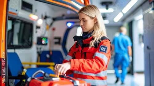 Paramedic working inside ambulance