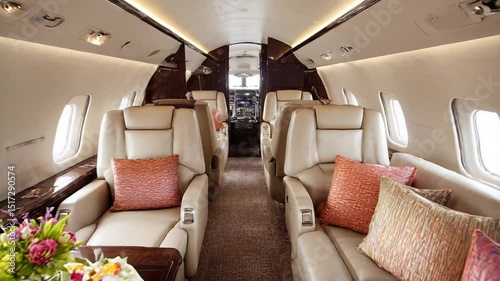 Luxury private jet interior with elegant seating and decor