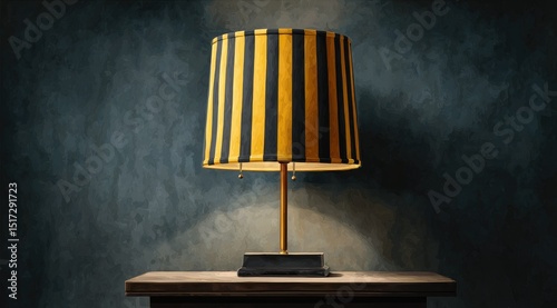 A tabletop lamp with a striped, yellow and black fabric shade illuminates a dark, textured wall.  The lamp has a simple gold-toned base and sits on a wooden surface.  A soft light emanates from below