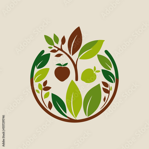 A modern logo design incorporating earthy tones and a simple tree graphic, symbolizing sustainability and natural food sources.