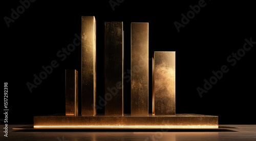 A minimalist digital rendering of five textured gold bars of varying heights, set on a low illuminated platform against a black background