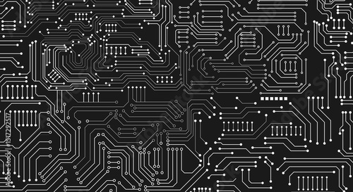 White lines and dots isolated on black background. Digital technology seamless pattern. Seamless electronic circuit. Vector art