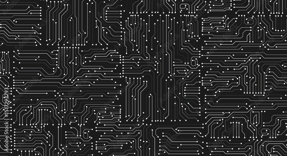 Electronics board. Circuit board electronic hi tech pattern. Black monochrome background. gray lines and dots isolated on black background. Vector art
