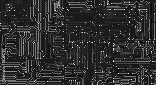 Electronics board. Circuit board electronic hi tech pattern. Black monochrome background. gray lines and dots isolated on black background. Vector art