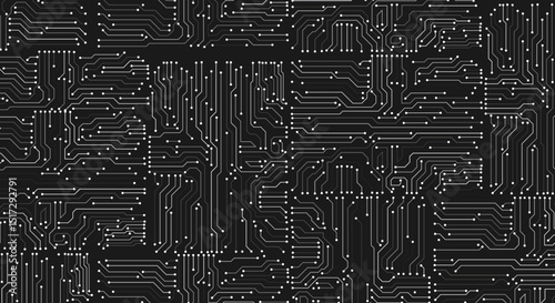 Electronics board. Circuit board electronic hi tech pattern. Black monochrome background. gray lines and dots isolated on black background. Vector art