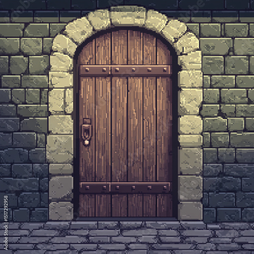 a door in a retro dungeon pixel art style 