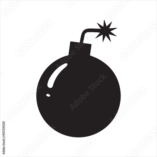 Bomb Icon – Silhouette of Explosive Cartoon Bomb with Lit Fuse in Flat Vector Style