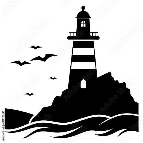 Lighthouse on Rocky Coast A Black and White Coastal Illustration
