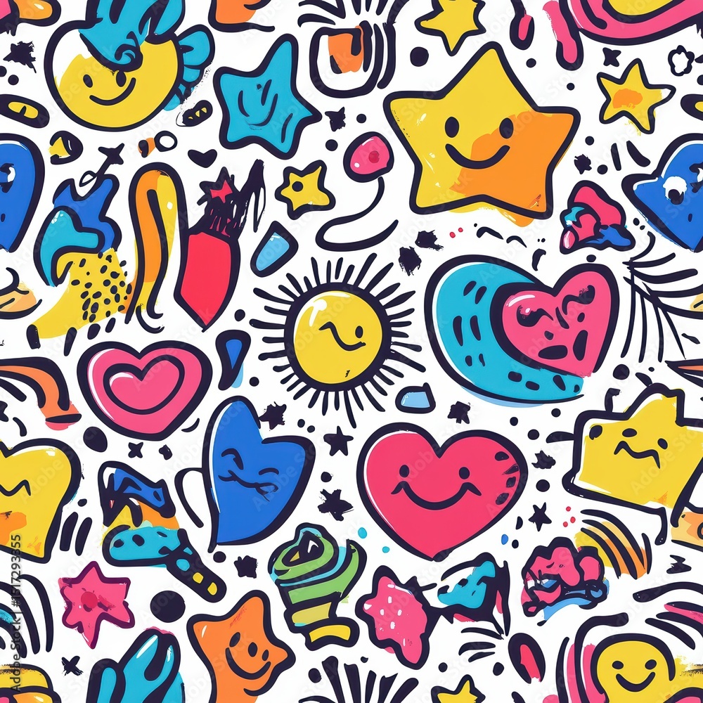 Fototapeta premium Colorful Hand-Drawn Doodles of Stars, Hearts, and Smiling Faces