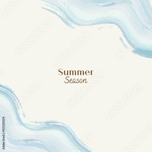 Minimalist summer-themed. Background is a soft cream color, complemented by flowing, abstract waves of light blue and white in the top right and bottom left corners.