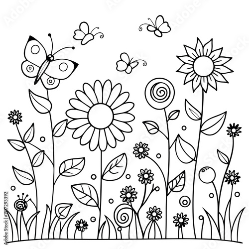Whimsical Butterfly and Flower Garden A Coloring Page for Kids