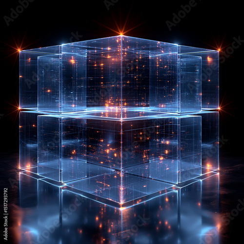 Light Particle Reflection Effect. Transparent digital cube glowing with embedded orange particles. Perfect for data visualization, tech themes, and AI design.

