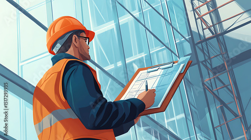 Construction Worker Inspecting Plans at a Building Site