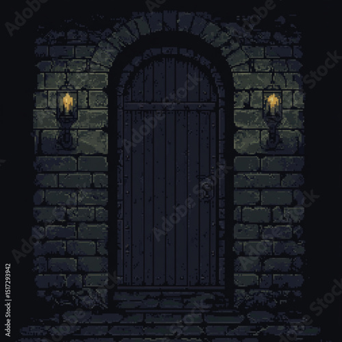 a door in a retro dungeon pixel art style 