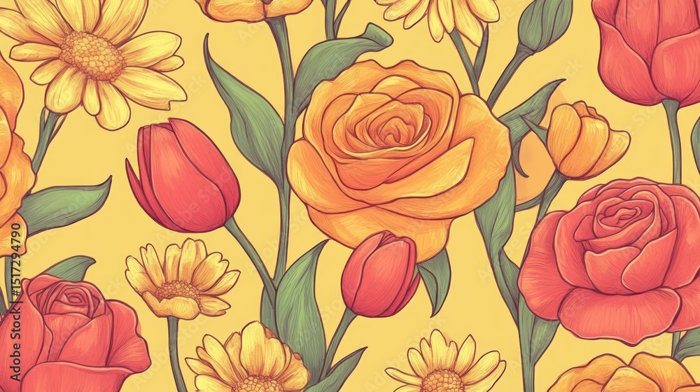 Vibrant Floral Pattern on Yellow Background Vibrant Floral Pattern on Yellow Background