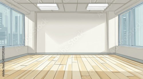 Empty, sunlit office space with large windows offering a city view, light wood floors, and plain white walls, creating a minimalist aesthetic