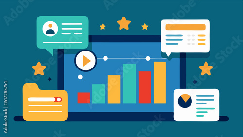 AI News Analytics A vector design of a dashboard filled with analytics graphs and user satisfaction ratings illustrating how AI evaluates reader engagement and tailors news